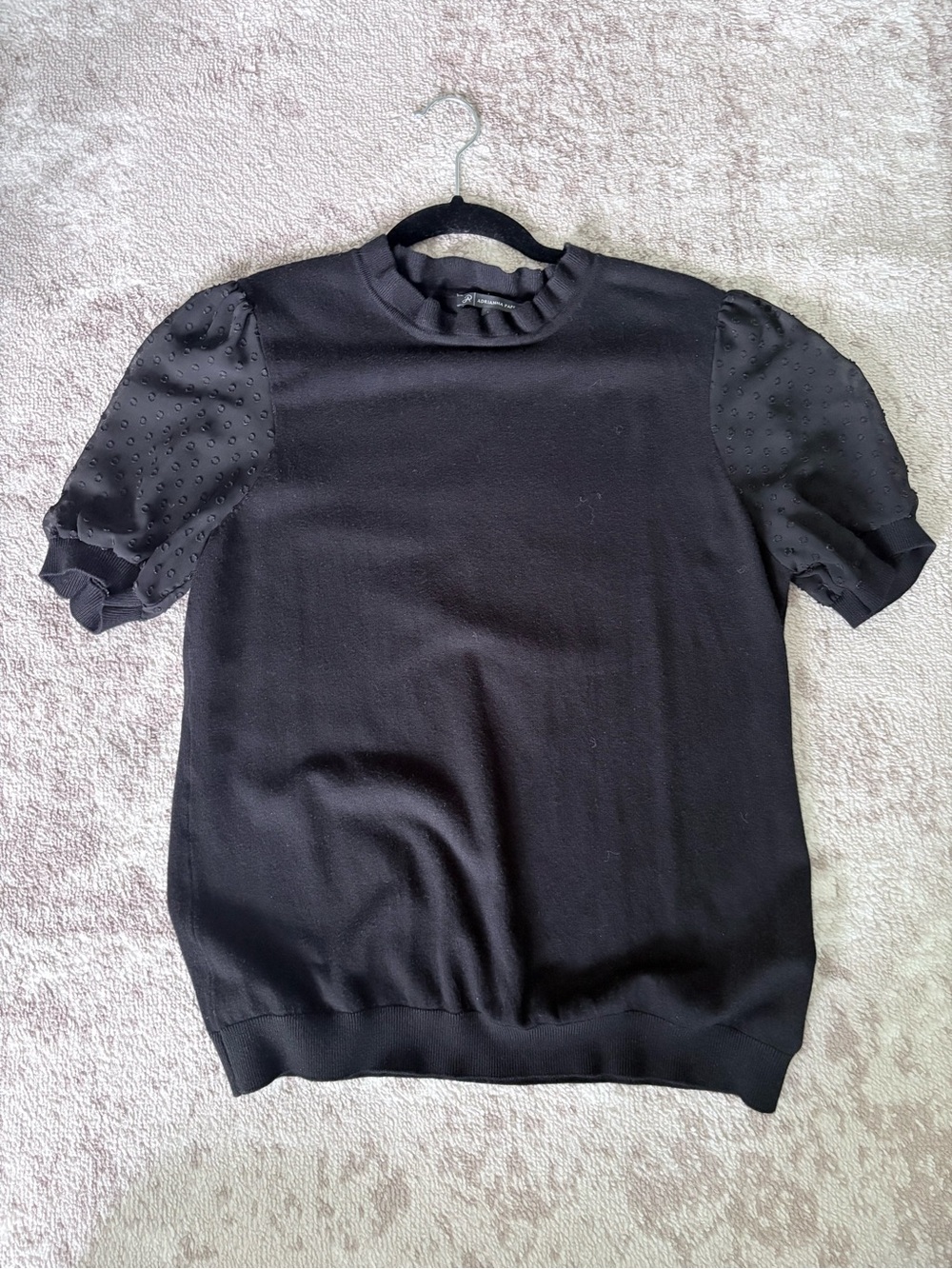 Adrianna Papell Black Short-Sleeve Knit Top with Puff Dot Sleeves